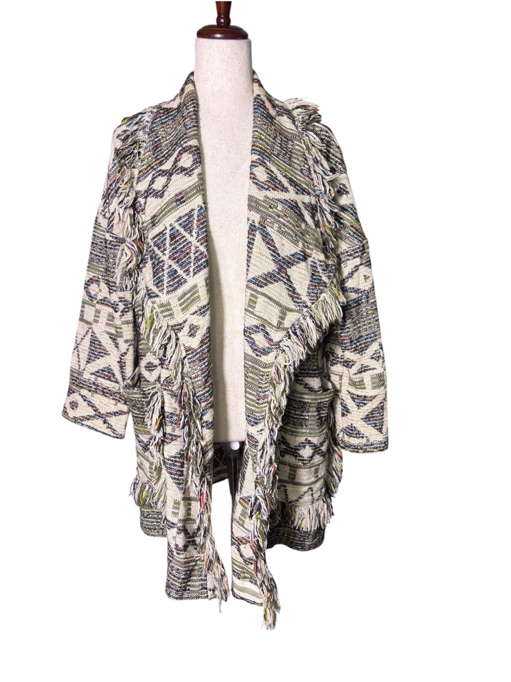 Zara Fringe Jacquard Cardigan Southwestern Boho Blanket Coat XS/S